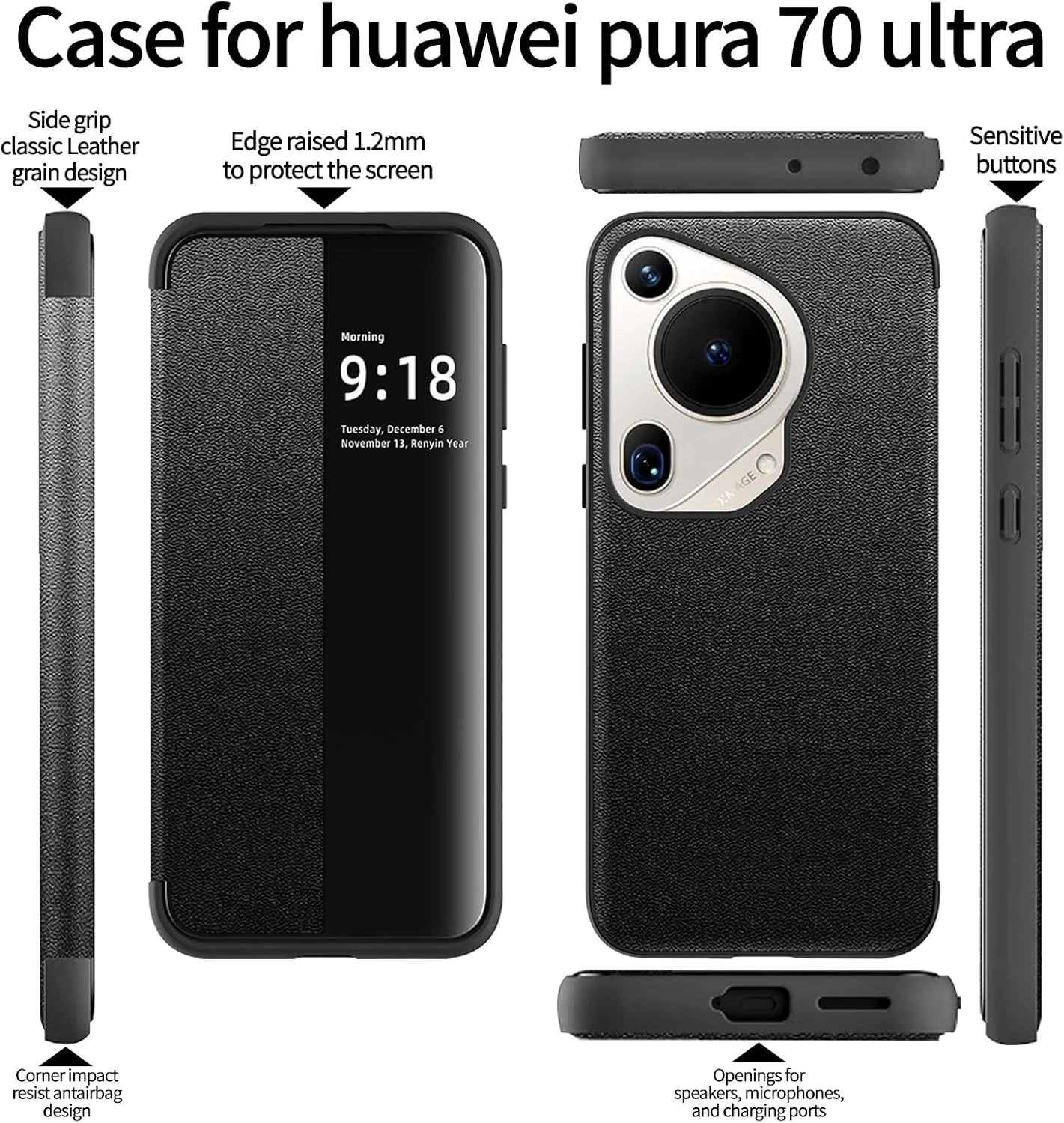 کاور لوکیون سازگار با هوآوی Pura 70 Ultra، کاور باریک تاشو با پنجره دید نیمه شفاف، قابلیت بیدار شدن و به خواب رفتن خودکار، محافظت در برابر سقوط و ضربه (مشکی)