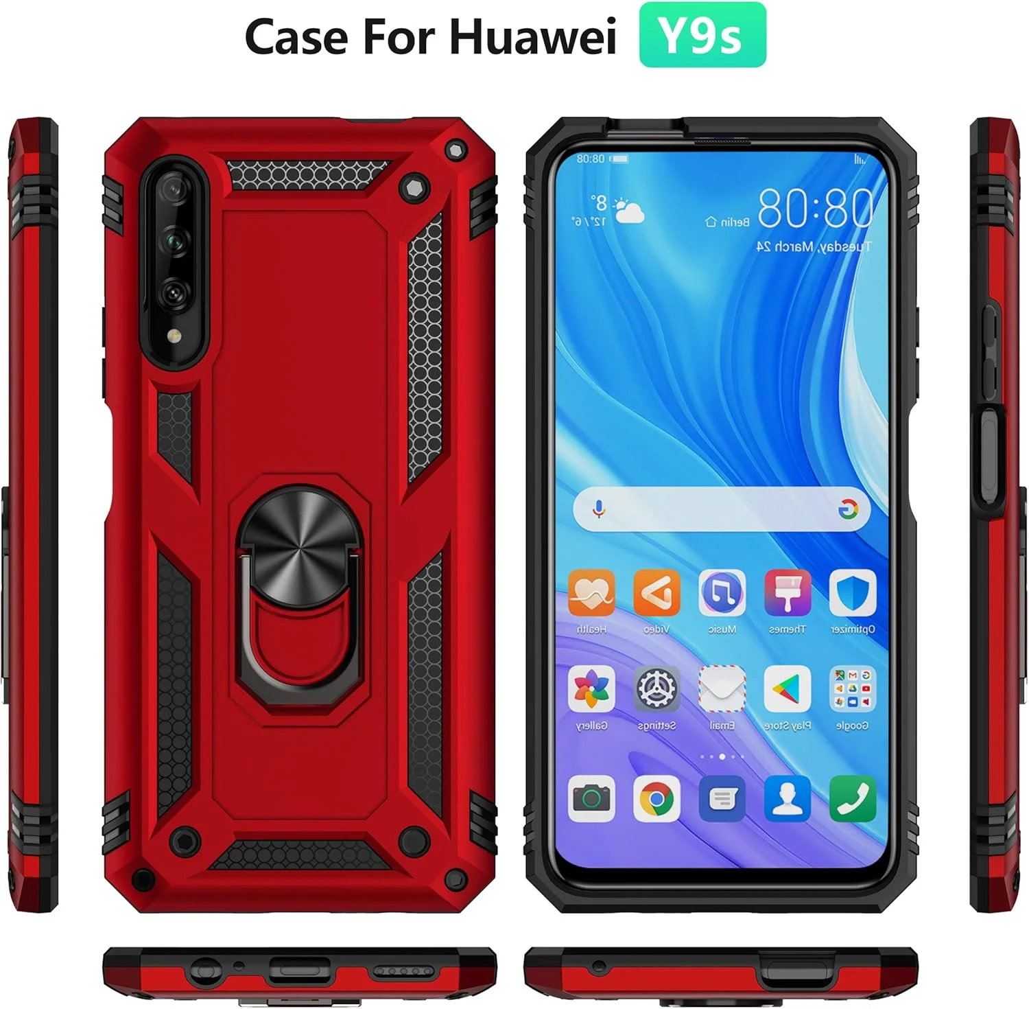 کاور محافظ گوشی هواوی وای 9 اس / پی اسمارت پرو 2019 / آنر 9 ایکس پرو به همراه محافظ صفحه نمایش شیشه ای، دارای حلقه نگهدارنده، سیلیکونی ضد ضربه، محافظ سخت، آبی