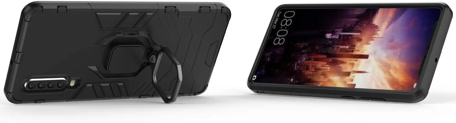 قاب محافظ هواوی P30، حلقه فلزی، پایه نگهدارنده، ضد ضربه، سپر سخت (سازگار با هولدر مغناطیسی خودرو)، پوشش مقاوم دو لایه برای هواوی P30 (مشکی)