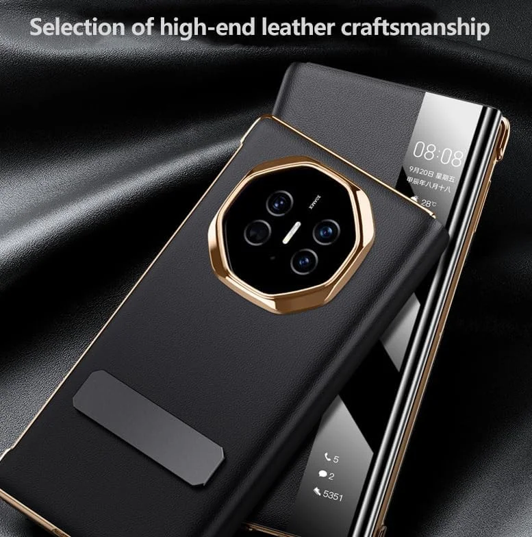 کاور چرمی هوشمند چرخشی گوشی موبایل Gruattreay سازگار با گوشی تاشو Huawei Mate XT Ultimate، محافظت ضد ضربه و دارای طراحی تاشو (مشکی)