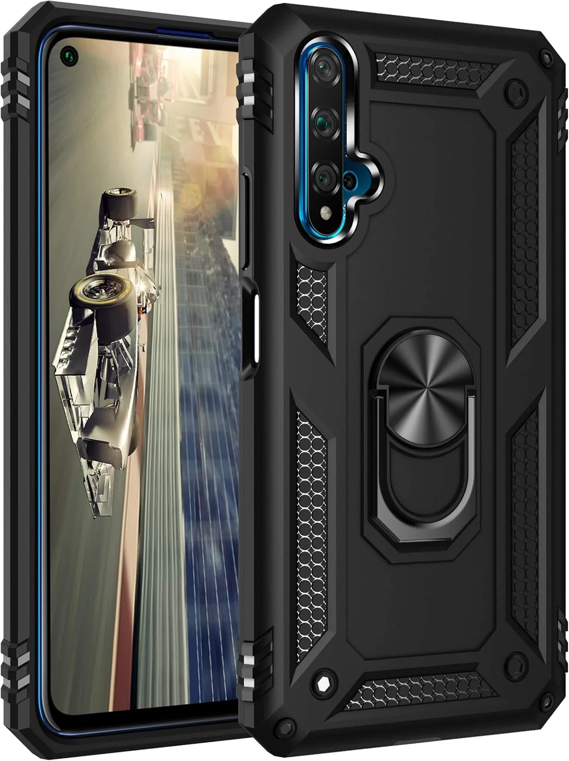 قاب محافظ گوشی هواوی نوا 5T/آنر 20 به همراه محافظ صفحه نمایش شیشه ای حرارت دیده، دارای حلقه نگهدارنده، سیلیکونی محافظ ضد ضربه، پوشش سخت زرهی مقاوم، مشکی