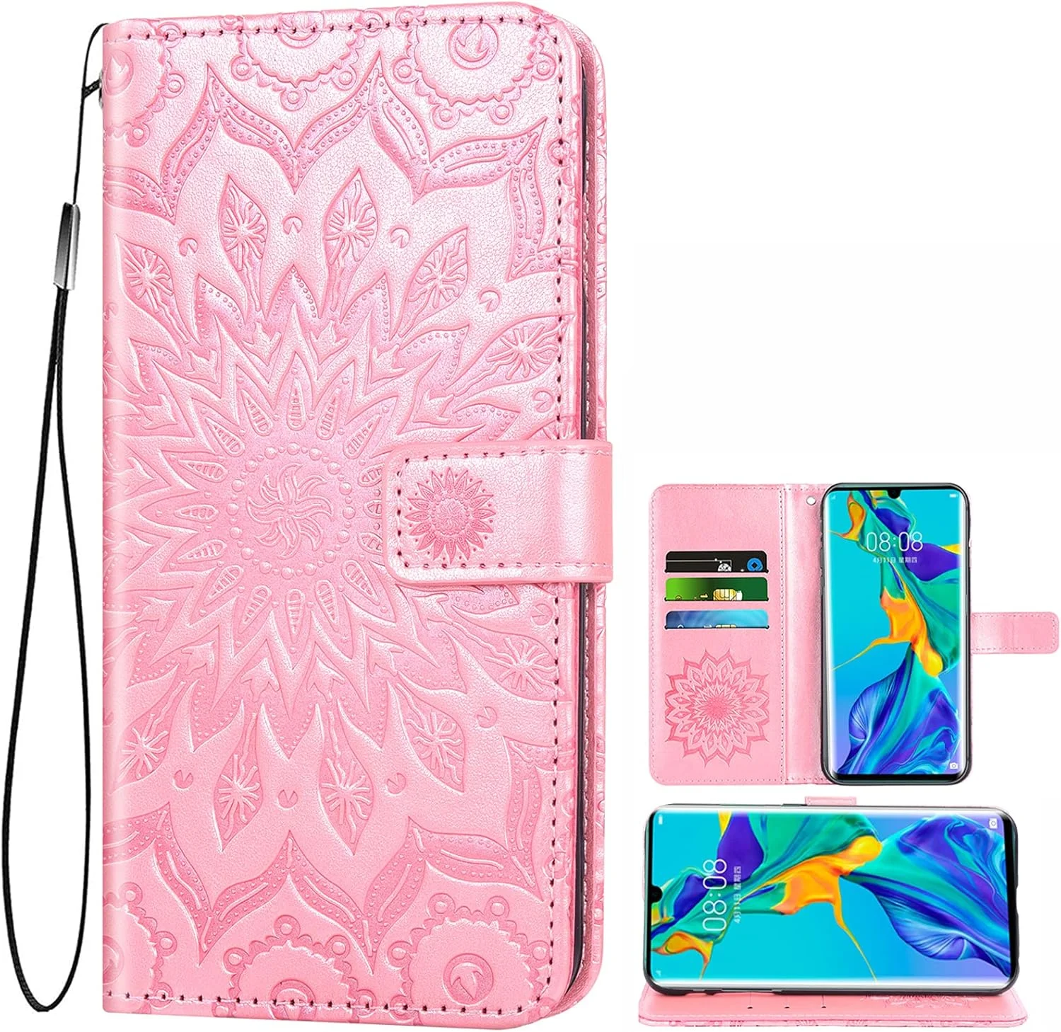 کیف پول گوشی هوآوی P30 Pro به همراه محافظ صفحه نمایش شیشه ای و جلد چرمی تاشو، دارای جای کارت اعتباری، مناسب برای نگهداری کارت شناسایی، دارای استند و لوازم جانبی موبایل، طرح گل رز طلایی