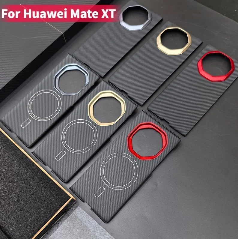 قاب مغناطیسی فیبر کربنی Gruattreay سازگار با هوآوی Mate XT Ultimate 2024، پوشش فلزی لنز قاب فیبر آرامید پشتیبانی از شارژ بی سیم برای Mate XT Ultimate (مشکی)