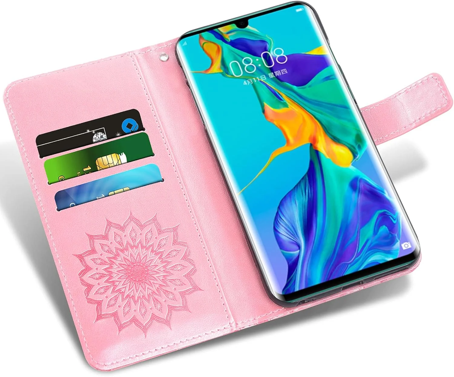 کیف پول گوشی هوآوی P30 Pro به همراه محافظ صفحه نمایش شیشه ای و جلد چرمی تاشو، دارای جای کارت اعتباری، مناسب برای نگهداری کارت شناسایی، دارای استند و لوازم جانبی موبایل، طرح گل رز طلایی