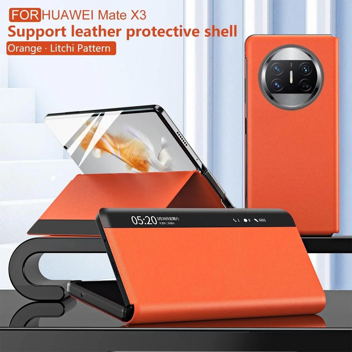 کاور چرمی تاشو هوشمند سازگار با Huawei Mate X3، دارای پنجره لمسی نمایش هوشمند، قابلیت خواب/بیدار شدن خودکار صفحه نمایش و استند (نارنجی)