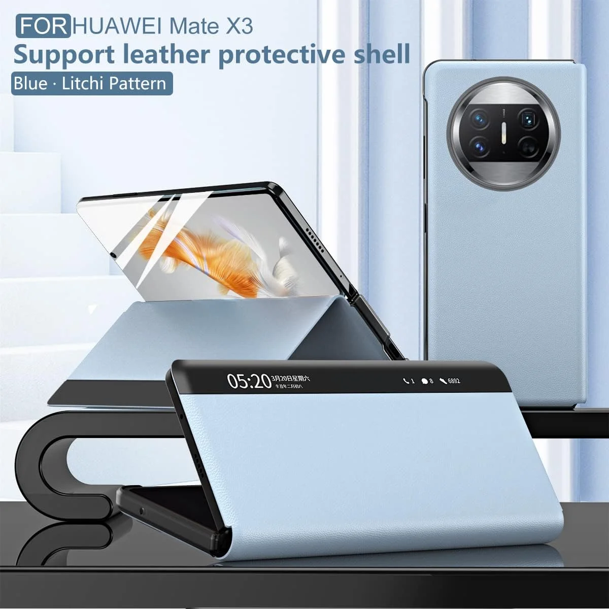 کاور چرمی تاشو هوشمند سازگار با هوآوی میت ایکس 3، دارای پنجره لمسی نمایشگر هوشمند، قابلیت خواب/بیداری خودکار صفحه نمایش و استند (آبی)