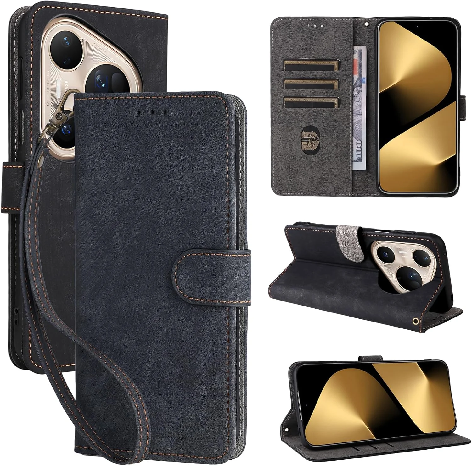 کاور محافظ تاشو گوشی هواوی Pura 80 Ultra به همراه بند دستی، کیف چرمی PU با محافظت کامل از بدنه و ضد ضربه، کیف پول تاشو ضد سرقت RFID