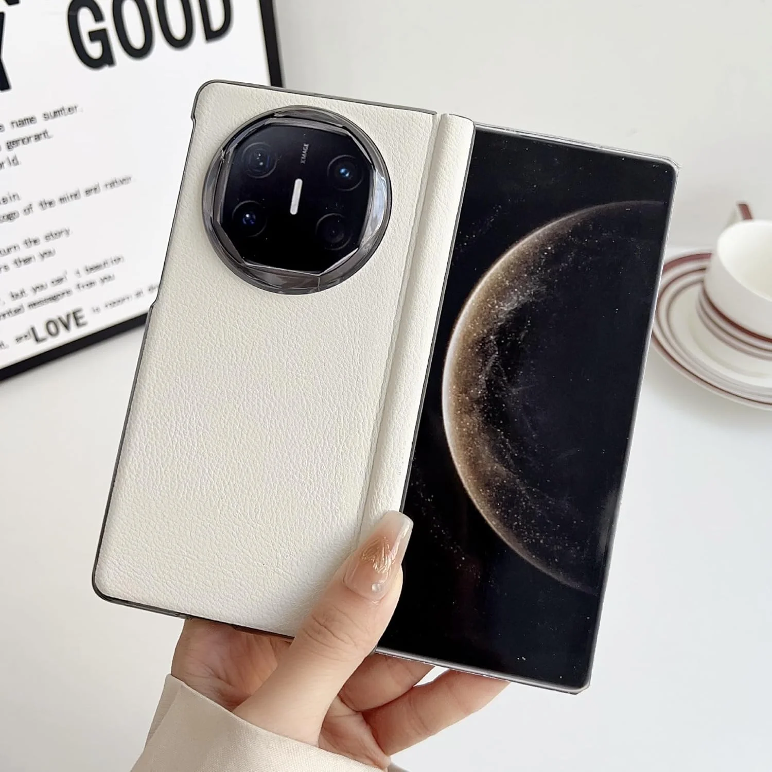 قاب محافظ سازگار با هوآوی میت X6، فوق العاده نازک، طراحی محور مغناطیسی، فریم آبکاری شده، مناسب تجارت، سطح بالا، جنس چرم مصنوعی، بدنه سخت، کاور تاشو هوآوی میت X6 (سفید)