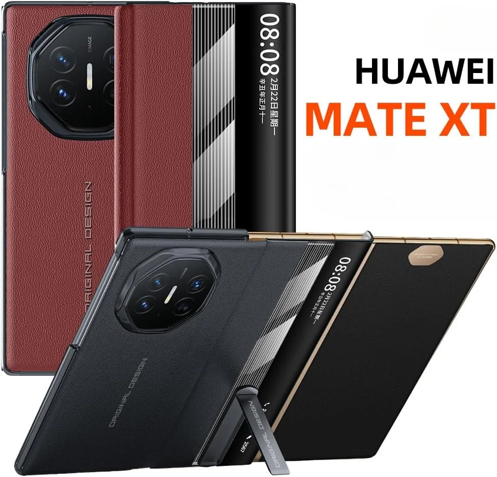 کیف چرمی Gruattreay سازگار با هوآوی Mate XT، با پایه عمودی مخفی، مقاوم در برابر لرزش و ضد افتادن، با پنجره هوشمند بیدار شدن/خواب خودکار (قرمز)