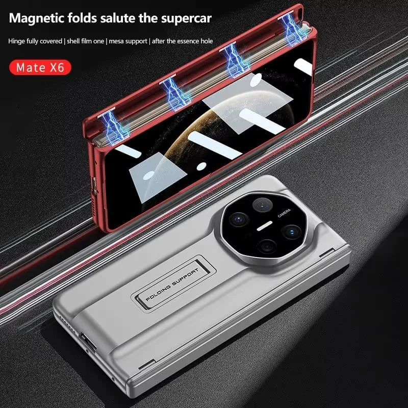 قاب محافظ گوشی هوآوی میت X6 مدل Gruattreay با محافظ صفحه نمایش داخلی، محافظ لولای مغناطیسی، پوشش مات ضد ضربه و پایه تاشو (قرمز)