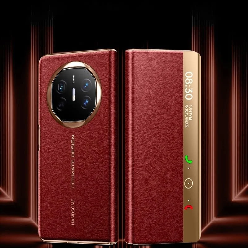 کاور گوشی تاشو Gruattreay سازگار با Huawei Mate X6، پنجره هوشمند چرمی لوکس، محافظ لنز دوربین، طلایی قرمز
