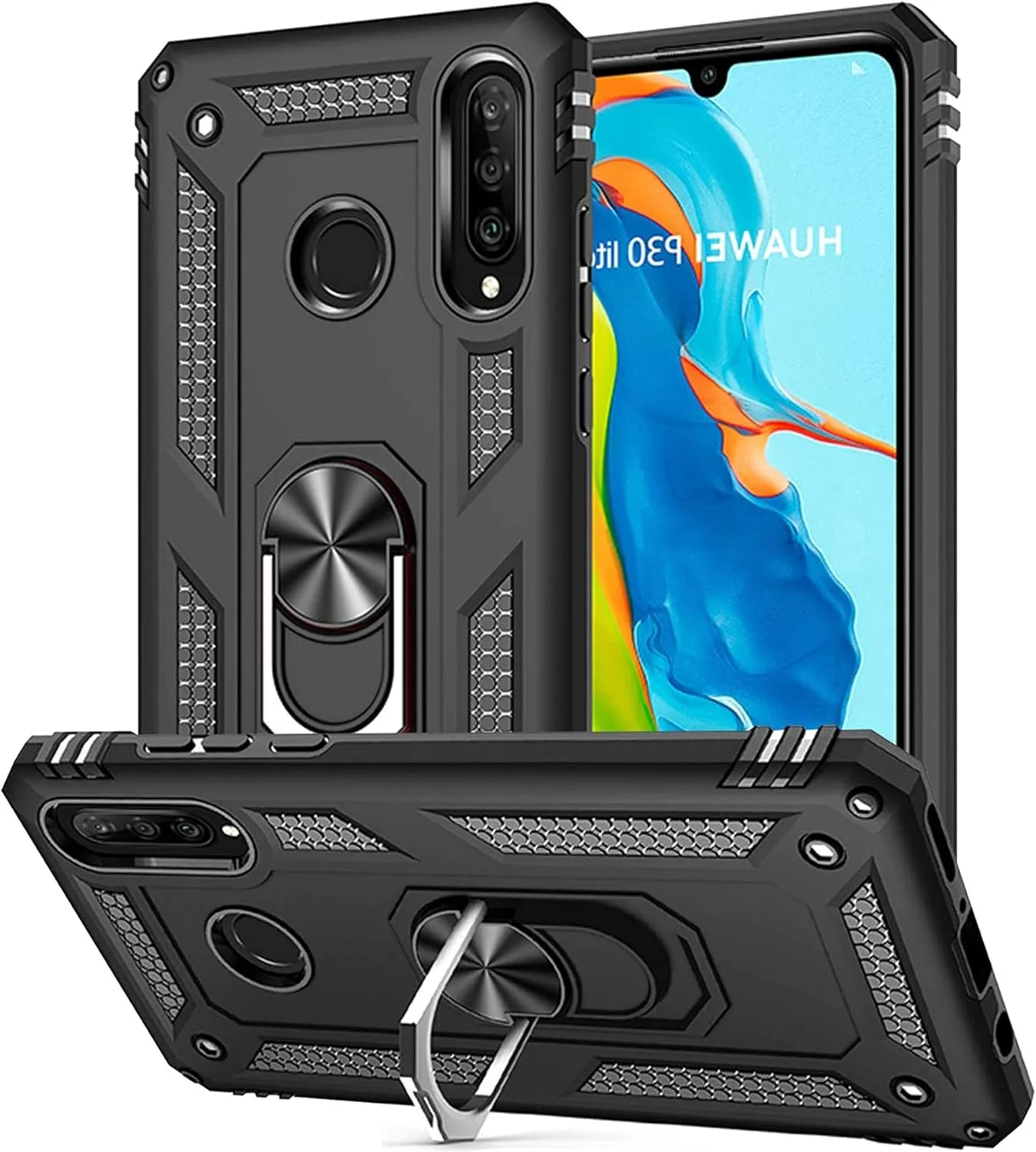 کاور محافظ گوشی هواوی P30 لایت/نوا 4e به همراه محافظ صفحه نمایش شیشه ای، دارای حلقه نگهدارنده، سیلیکونی ضد ضربه، زره سخت و مقاوم، مشکی