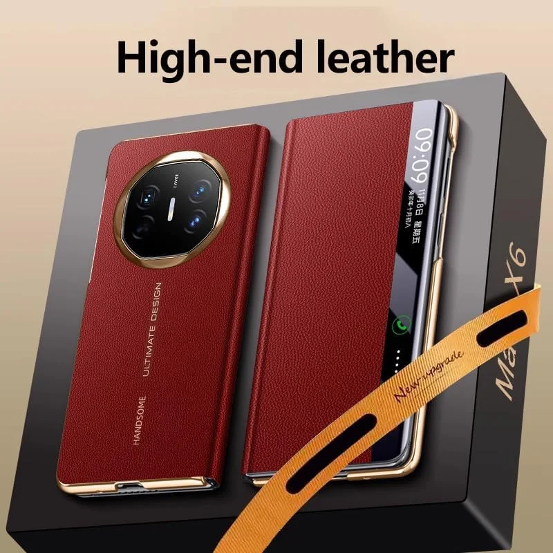 کاور گوشی تاشو Gruattreay سازگار با Huawei Mate X6، پنجره هوشمند چرمی لوکس، محافظ لنز دوربین، طلایی قرمز