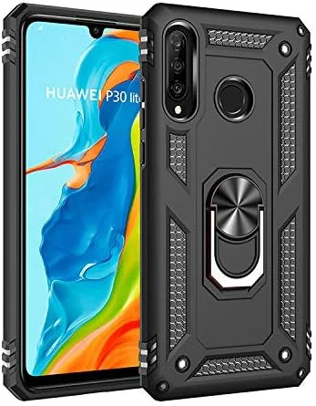 کاور محافظ گوشی هواوی P30 لایت/نوا 4e به همراه محافظ صفحه نمایش شیشه ای، دارای حلقه نگهدارنده، سیلیکونی ضد ضربه، زره سخت و مقاوم، مشکی