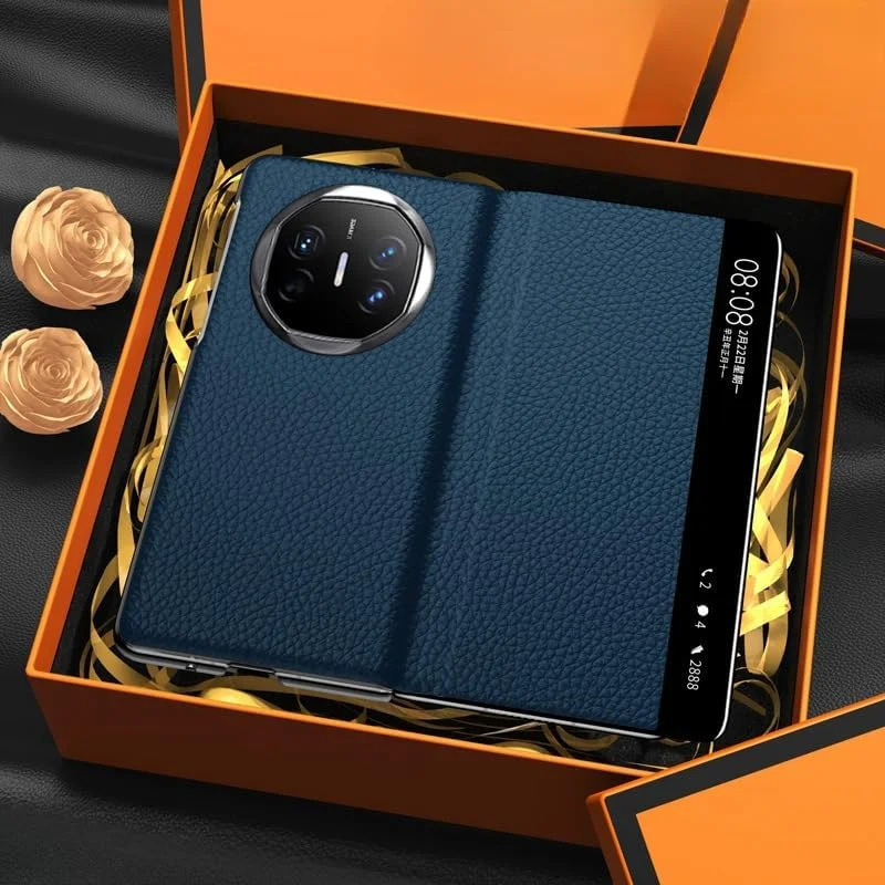 کاور محافظ چرمی Gruattreay سازگار با Huawei Mate X6، کاور محافظ تمام بسته تاشو با پنجره هوشمند و حالت خواب خودکار برای گوشی Mate X6 (آبی)