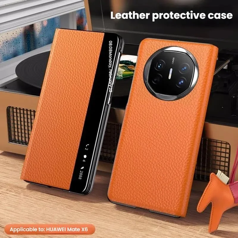 کاور محافظ چرمی Gruattreay سازگار با Huawei Mate X6، کاور محافظ تمام بسته تاشو با پنجره هوشمند و حالت خواب خودکار برای گوشی Mate X6 (آبی)