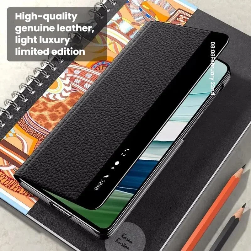 کاور محافظ چرمی Gruattreay سازگار با Huawei Mate X6، کاور محافظ تمام بسته تاشو با پنجره هوشمند و حالت خواب خودکار برای گوشی Mate X6 (آبی)