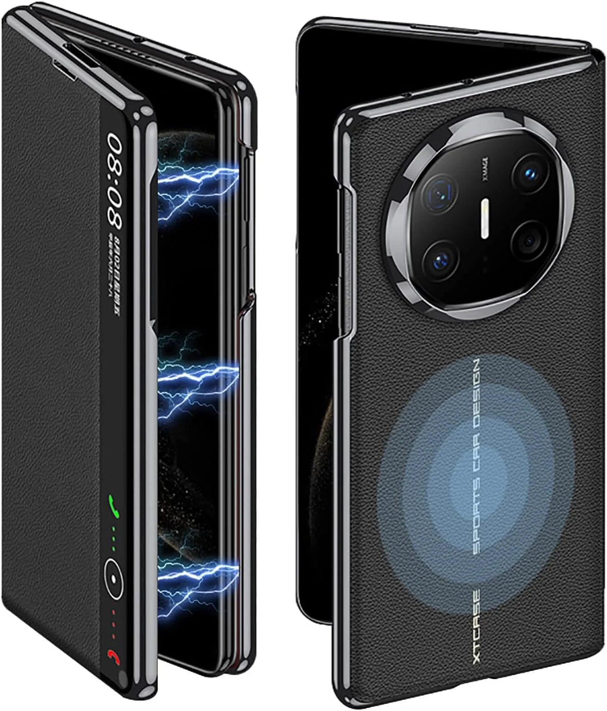 کیف چرمی تاشو هوآوی میت X6، قاب گوشی تاشو با حلقه مغناطیسی مخفی و روکش آبکاری شده برای هوآوی میت X6 - مشکی