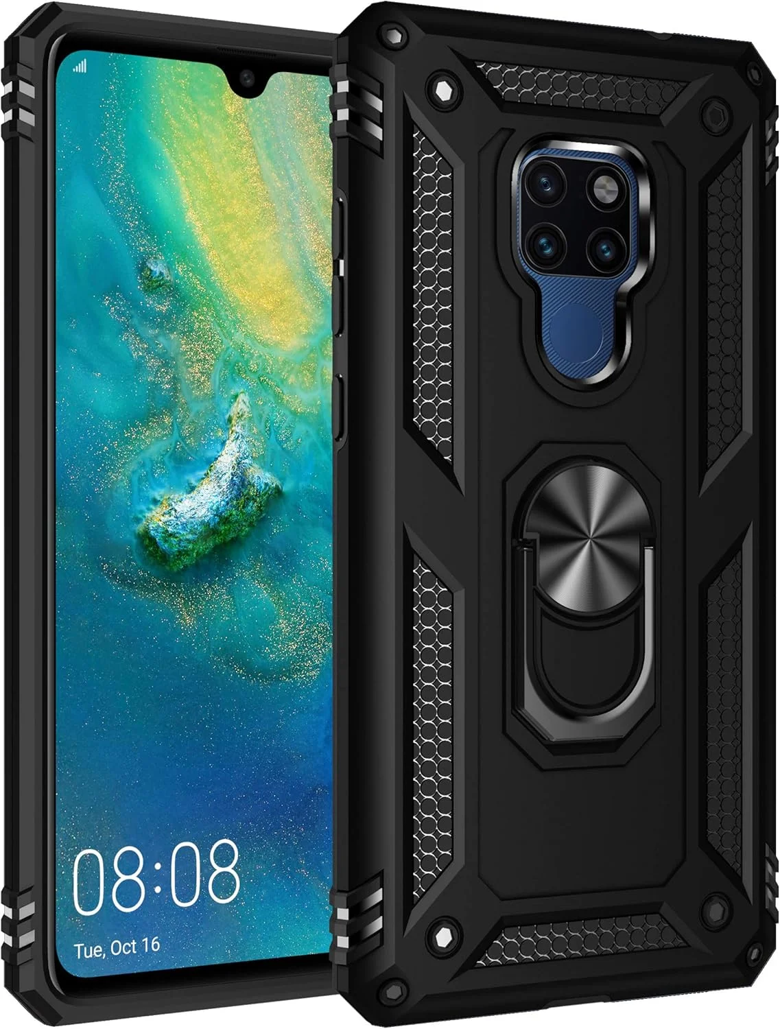 کاور 2ndSpring برای هوآوی میت 20 به همراه محافظ صفحه نمایش شیشه ای حرارت دیده، دارای حلقه نگهدارنده، سیلیکونی محافظ ضد ضربه، کاور سخت و مقاوم، مشکی