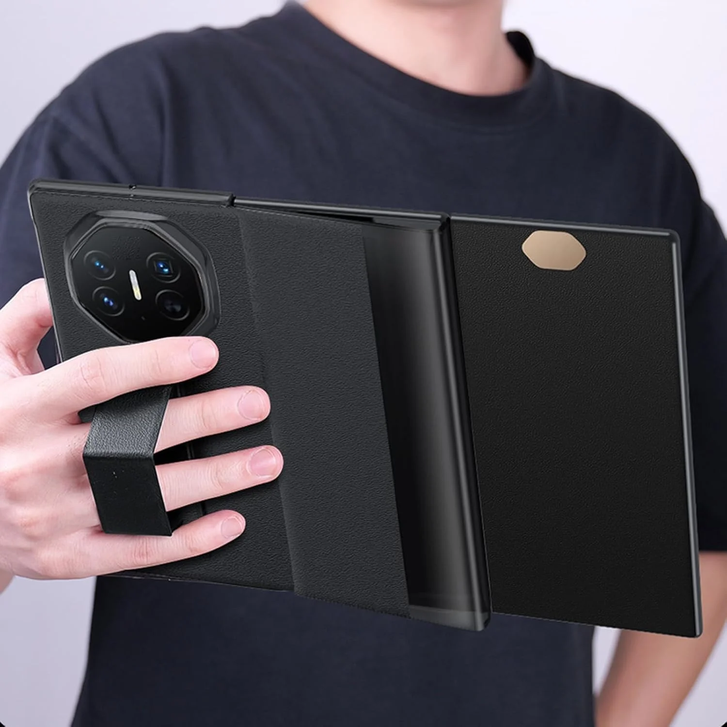 کیف چرمی اصل برای هوآوی میت XT، کاور تاشو تجاری لوکس Azonee با پنجره نمایش هوشمند و عملکرد استند، کیف محافظ کامل گوشی (مشکی)