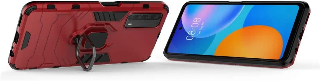 قاب محافظ گوشی هوآوی پی اسمارت 2021 و هوآوی وای 7a، با حلقه فلزی و استند، پوشش دو لایه مقاوم (قرمز)