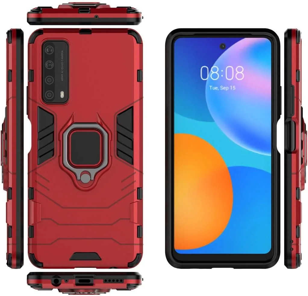 قاب محافظ گوشی هوآوی پی اسمارت 2021 و هوآوی وای 7a، با حلقه فلزی و استند، پوشش دو لایه مقاوم (قرمز)