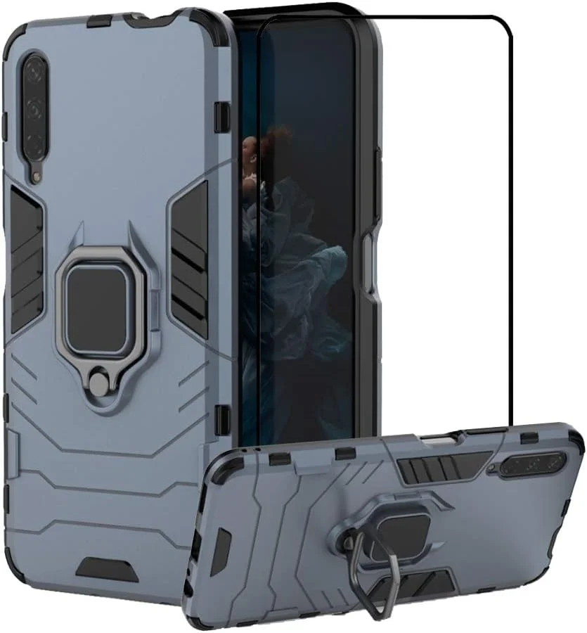 قاب محافظ گوشی هواوی Y9S/P smart Pro 2019/آنر 9X/9X PRO به همراه محافظ صفحه نمایش شیشه ای حرارت دیده، محافظت سنگین و مقاوم در برابر ضربه، دارای پایه نگهدارنده، رنگ سرمه ای