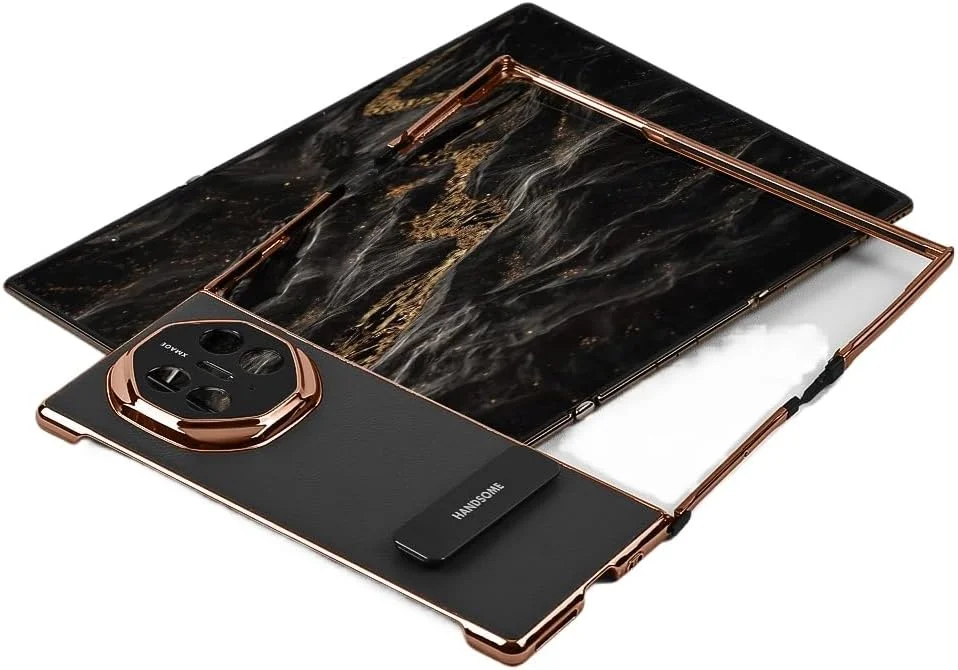 کاور چرمی Gruattreay سازگار با Huawei Mate XT، با براکت قاب و براکت مخفی، لولاهای کاملاً پوشیده برای مقاومت در برابر زلزله و افتادن، مناسب برای Huawei Mate XT (مشکی)