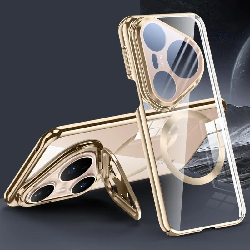 کاور محافظ شفاف مغناطیسی سازگار با هوآوی Pura 80 Ultra، دارای آهنربای داخلی و پایه لنز، پوشش ضد افتادن با روکش آبکاری شده و نگهدارنده لنز شفاف (طلایی)