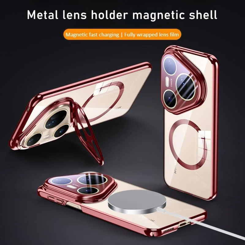 کاور محافظ شفاف مغناطیسی سازگار با هوآوی Pura 80 Ultra، دارای آهنربای داخلی و پایه لنز، پوشش ضد افتادن با روکش آبکاری شده و نگهدارنده لنز شفاف (طلایی)