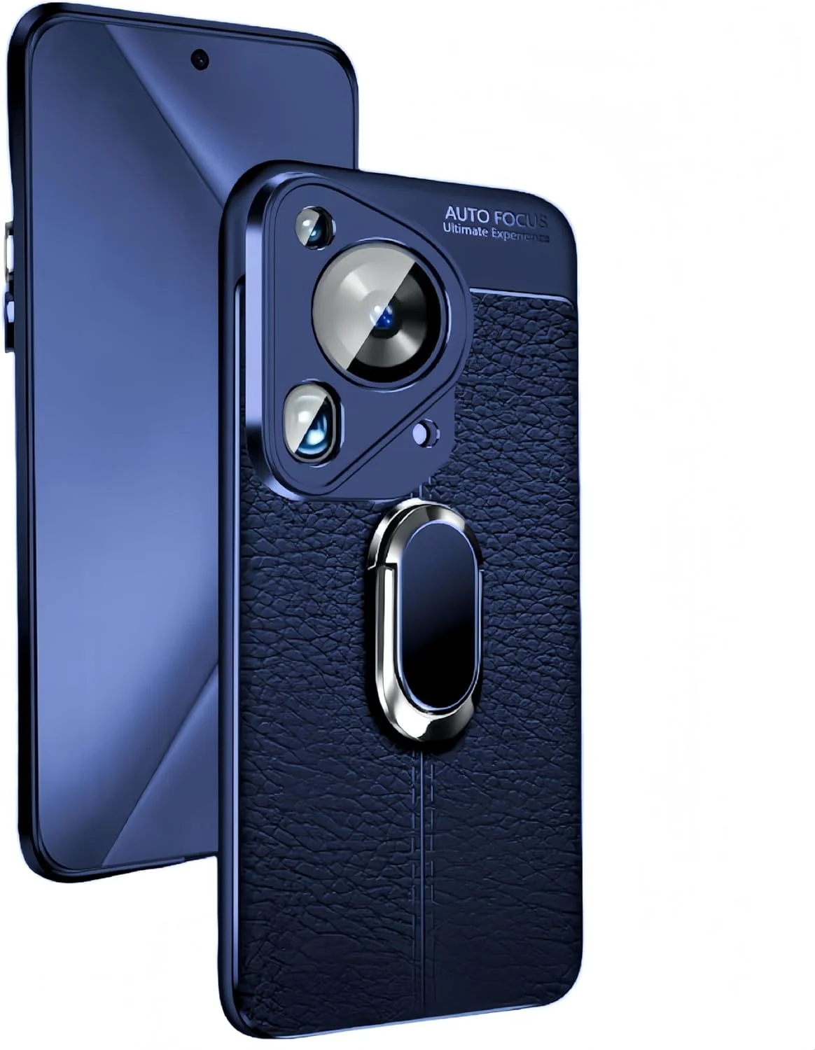 قاب گوشی سازگار با هوآوی Pura 70 Ultra، بافت چرمی با حلقه نگهدارنده، مشکی، پوشش محافظ (آبی سرمه ای)