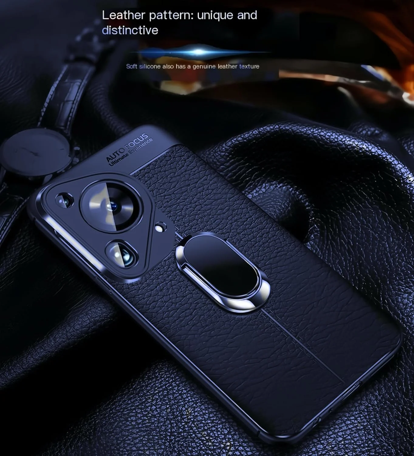 قاب گوشی سازگار با هوآوی Pura 70 Ultra، بافت چرمی با حلقه نگهدارنده، مشکی، پوشش محافظ (آبی سرمه ای)
