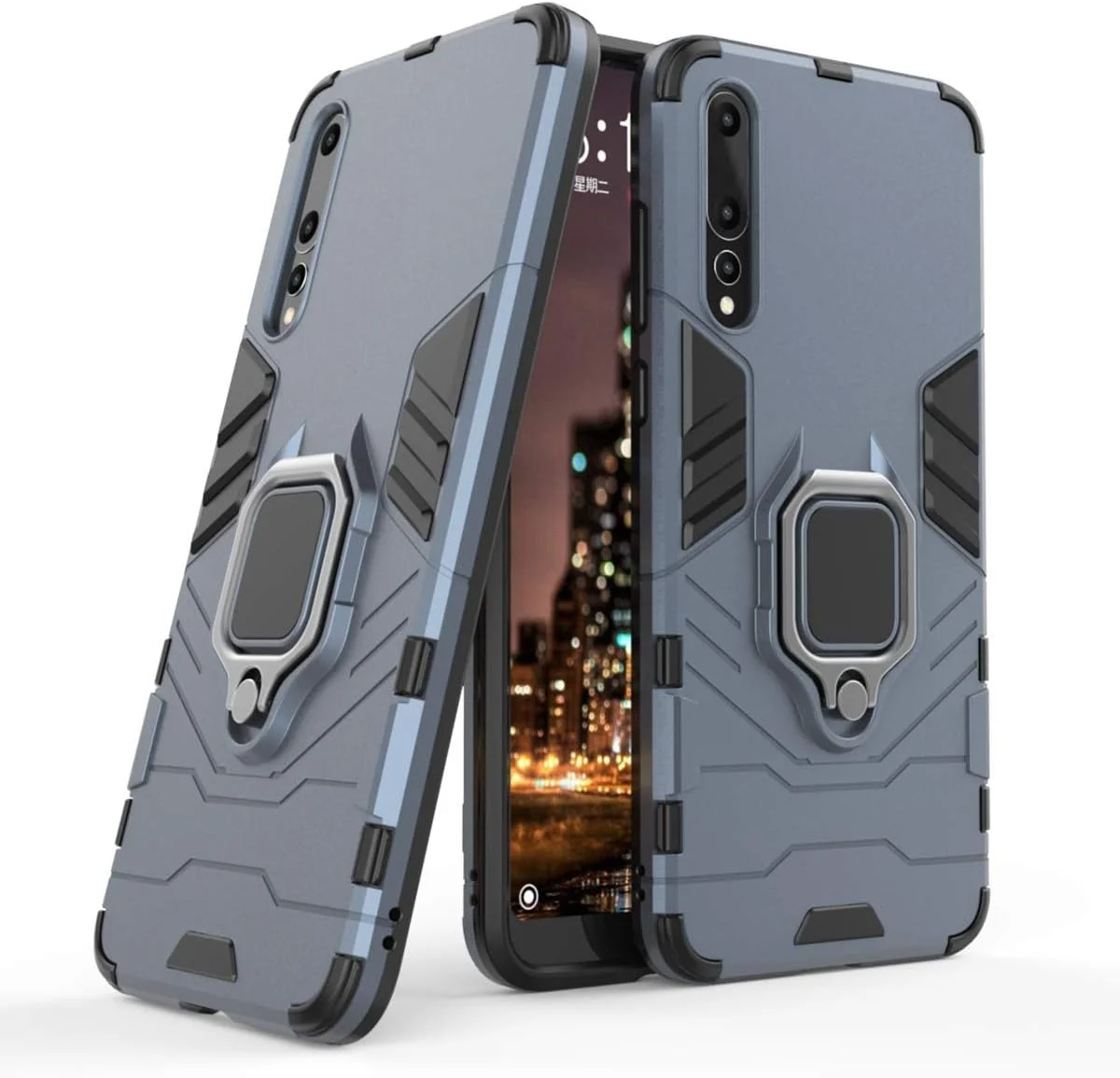 قاب محافظ گوشی هوآوی P20 Pro مدل MaiJin، با حلقه فلزی و پایه استند، ضد ضربه، لایه بیرونی سخت (سازگار با هولدر مغناطیسی خودرو)، دو لایه و مقاوم، رنگ سرمه ای