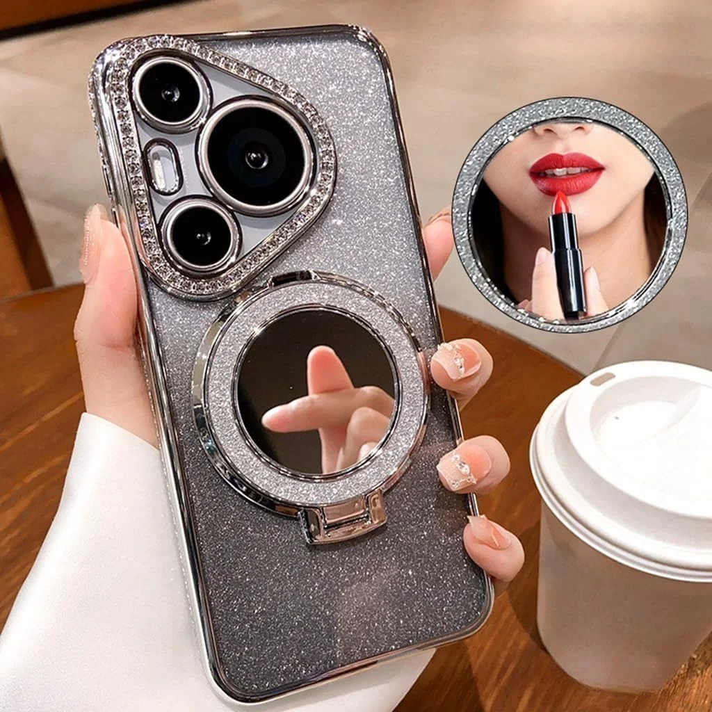 قاب گوشی مغناطیسی اکلیلی برای هوآوی Pura 70 Ultra با محافظ لنز دوربین الماسی، پایه درخشان، آینه، سازگاری با MagSafe، کاور گوشی ضد ضربه لوکس گرادیانی (نقره ای، هوآوی Pura 70 Ultra)