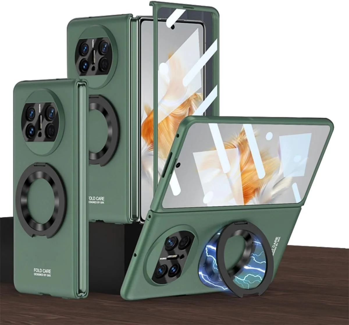 قاب گوشی هواوی میت ایکس 3 با حلقه، قاب مغناطیسی باریک با حلقه شارژ سریع بی سیم، کاور تاشو گوشی برای هواوی میت ایکس 3 - سبز