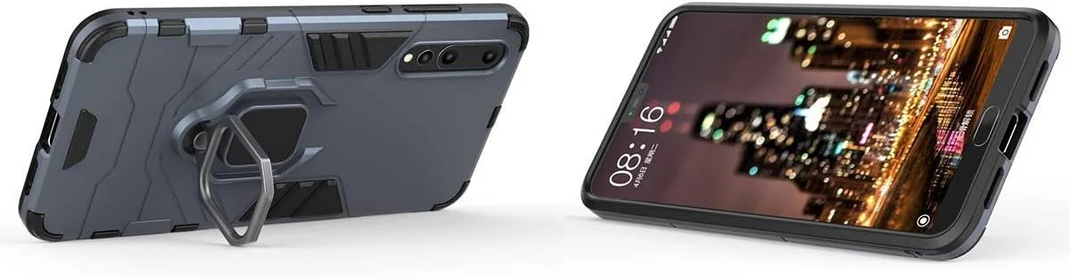 قاب محافظ گوشی هوآوی P20 Pro مدل MaiJin، با حلقه فلزی و پایه استند، ضد ضربه، لایه بیرونی سخت (سازگار با هولدر مغناطیسی خودرو)، دو لایه و مقاوم، رنگ سرمه ای