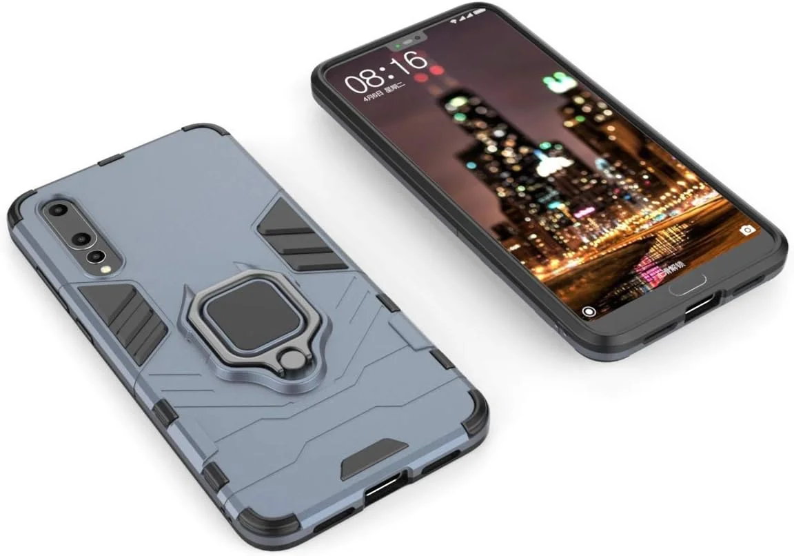 قاب محافظ گوشی هوآوی P20 Pro مدل MaiJin، با حلقه فلزی و پایه استند، ضد ضربه، لایه بیرونی سخت (سازگار با هولدر مغناطیسی خودرو)، دو لایه و مقاوم، رنگ سرمه ای