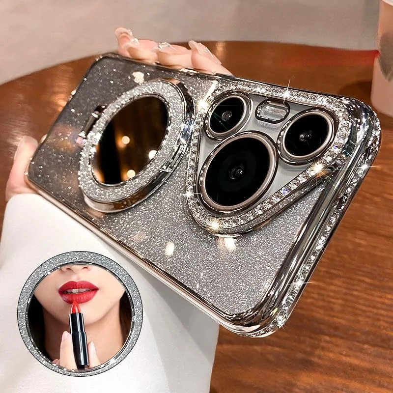 قاب گوشی مغناطیسی اکلیلی برای هوآوی Pura 70 Ultra با محافظ لنز دوربین الماسی، پایه درخشان، آینه، سازگاری با MagSafe، کاور گوشی ضد ضربه لوکس گرادیانی (نقره ای، هوآوی Pura 70 Ultra)