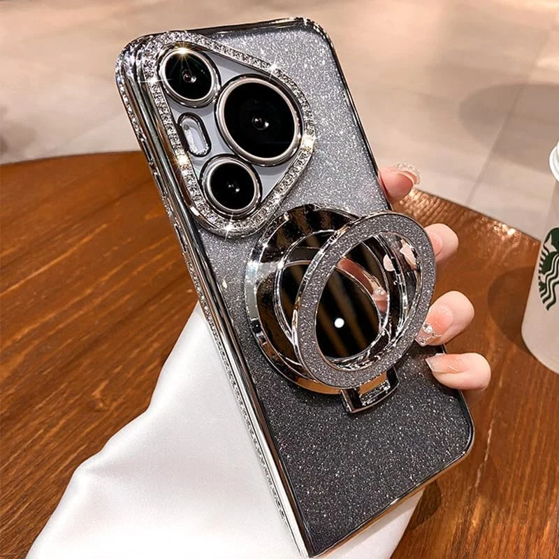 قاب گوشی مغناطیسی اکلیلی برای هوآوی Pura 70 Ultra با محافظ لنز دوربین الماسی، پایه درخشان، آینه، سازگاری با MagSafe، کاور گوشی ضد ضربه لوکس گرادیانی (نقره ای، هوآوی Pura 70 Ultra)