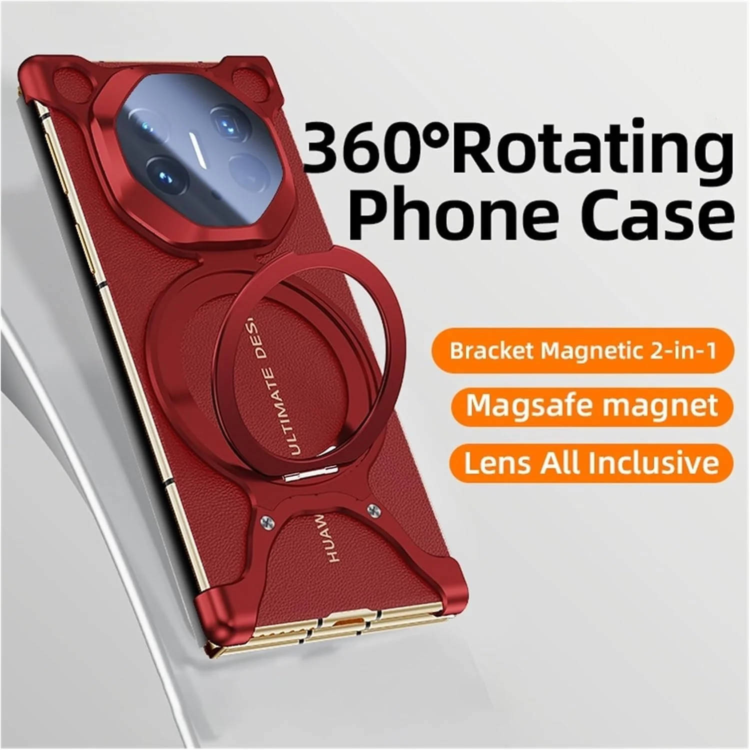 کاور محافظ فلزی و چرمی Azonee برای Huawei Mate XT، دارای استند مغناطیسی و پنجره هوشمند، طراحی دفع حرارت، ضد ضربه، فوق العاده نازک و محافظ لنز (طلایی)