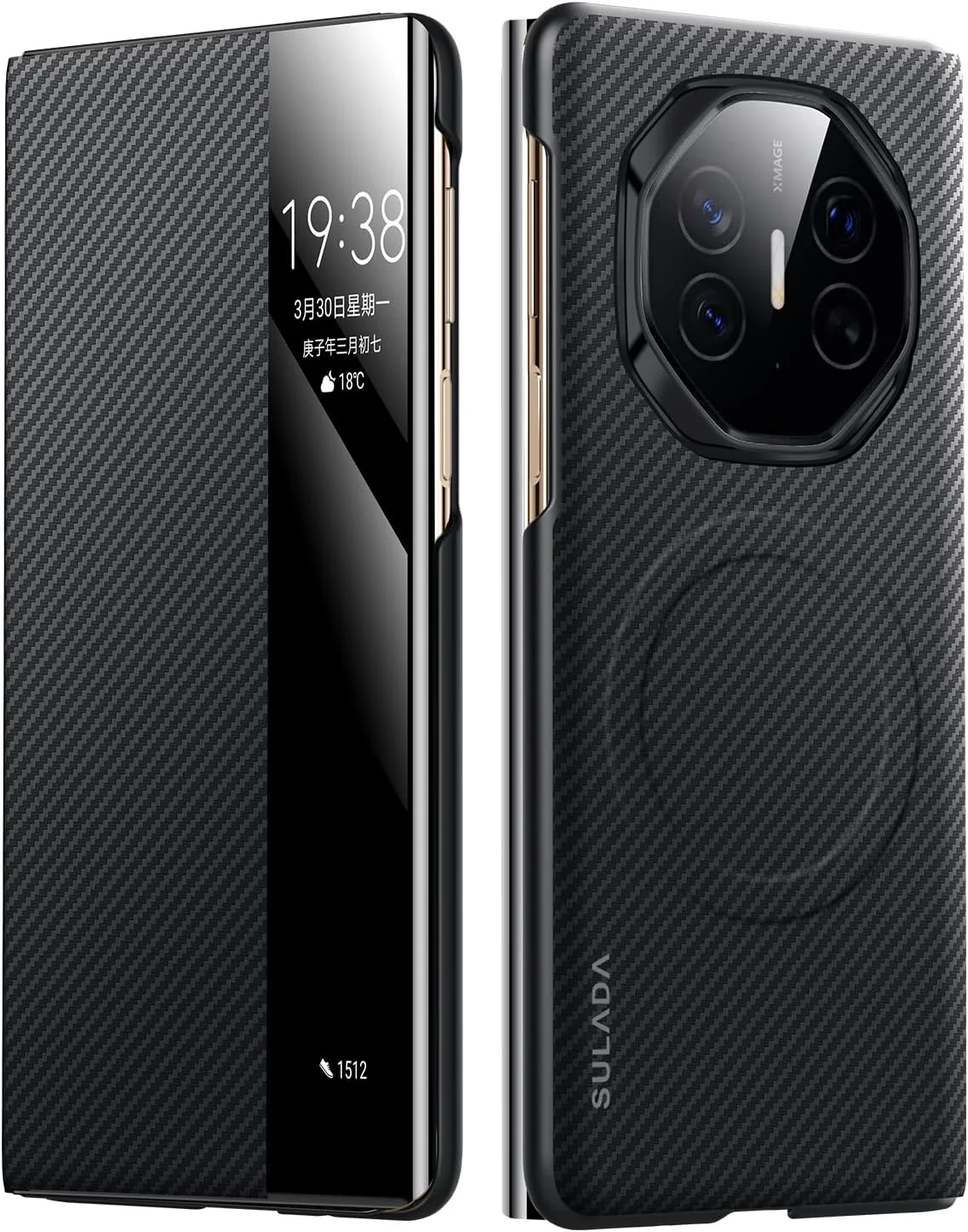 قاب محافظ فیبر کربنی 600D Gruattreay برای هوآوی Mate XT (2024)، قاب گوشی ضد ضربه فیبر آرامید کولار مغناطیسی با پنجره هوشمند و شارژ بی سیم، پوشش محافظ بادوام لوکس