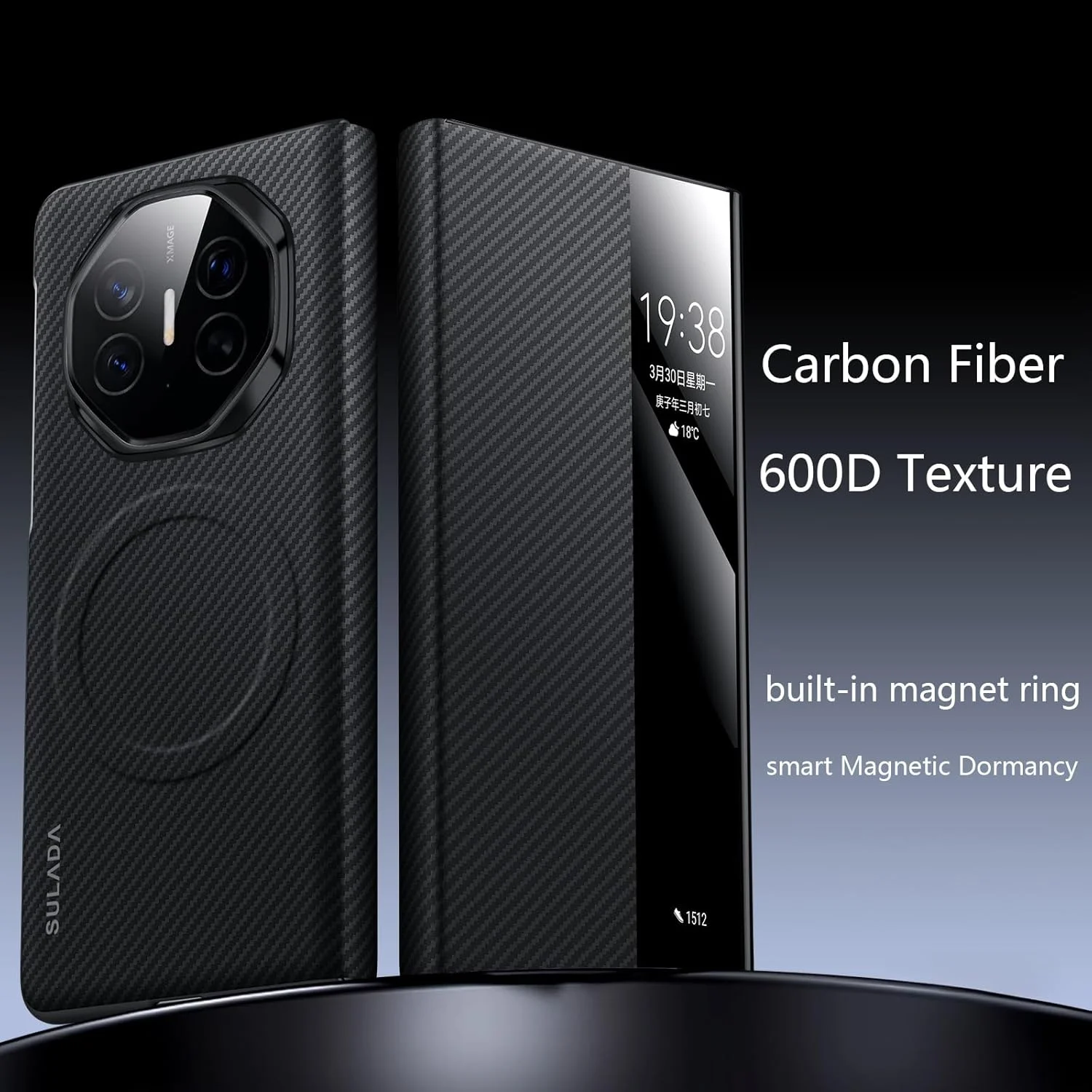 قاب محافظ فیبر کربنی 600D Gruattreay برای هوآوی Mate XT (2024)، قاب گوشی ضد ضربه فیبر آرامید کولار مغناطیسی با پنجره هوشمند و شارژ بی سیم، پوشش محافظ بادوام لوکس