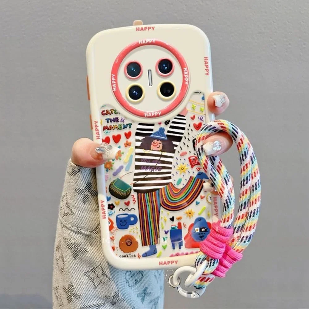 قاب محافظ گوشی موبایل هوآوی آنر مجیک 7 پرو، همراه با بند آویز، جنس TPU، طرح گرافیکی رنگارنگ دختر شاد، مناسب برای هوآوی آنر مجیک 7 (هوآوی آنر مجیک 7 پرو)