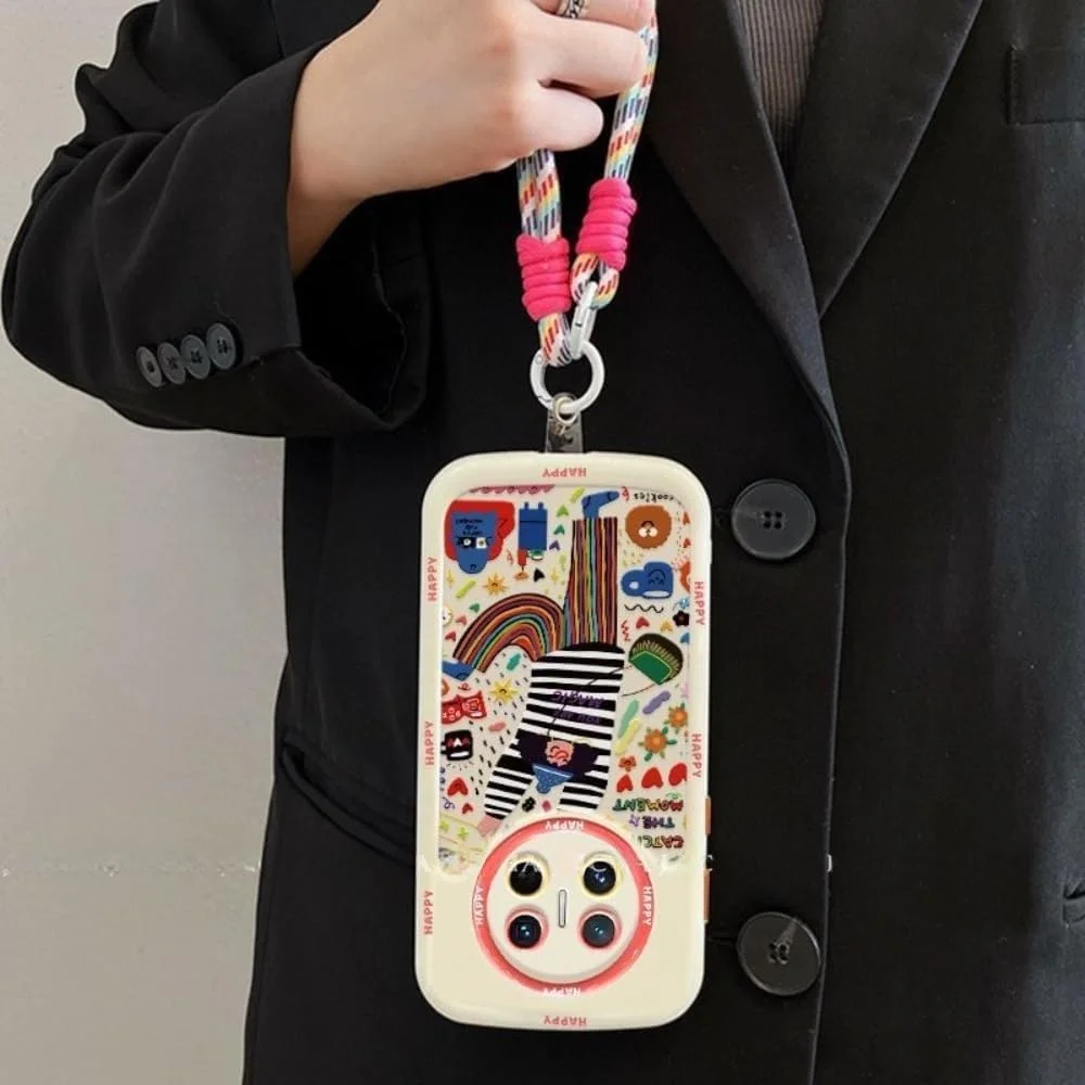 قاب محافظ گوشی موبایل هوآوی آنر مجیک 7 پرو، همراه با بند آویز، جنس TPU، طرح گرافیکی رنگارنگ دختر شاد، مناسب برای هوآوی آنر مجیک 7 (هوآوی آنر مجیک 7 پرو)