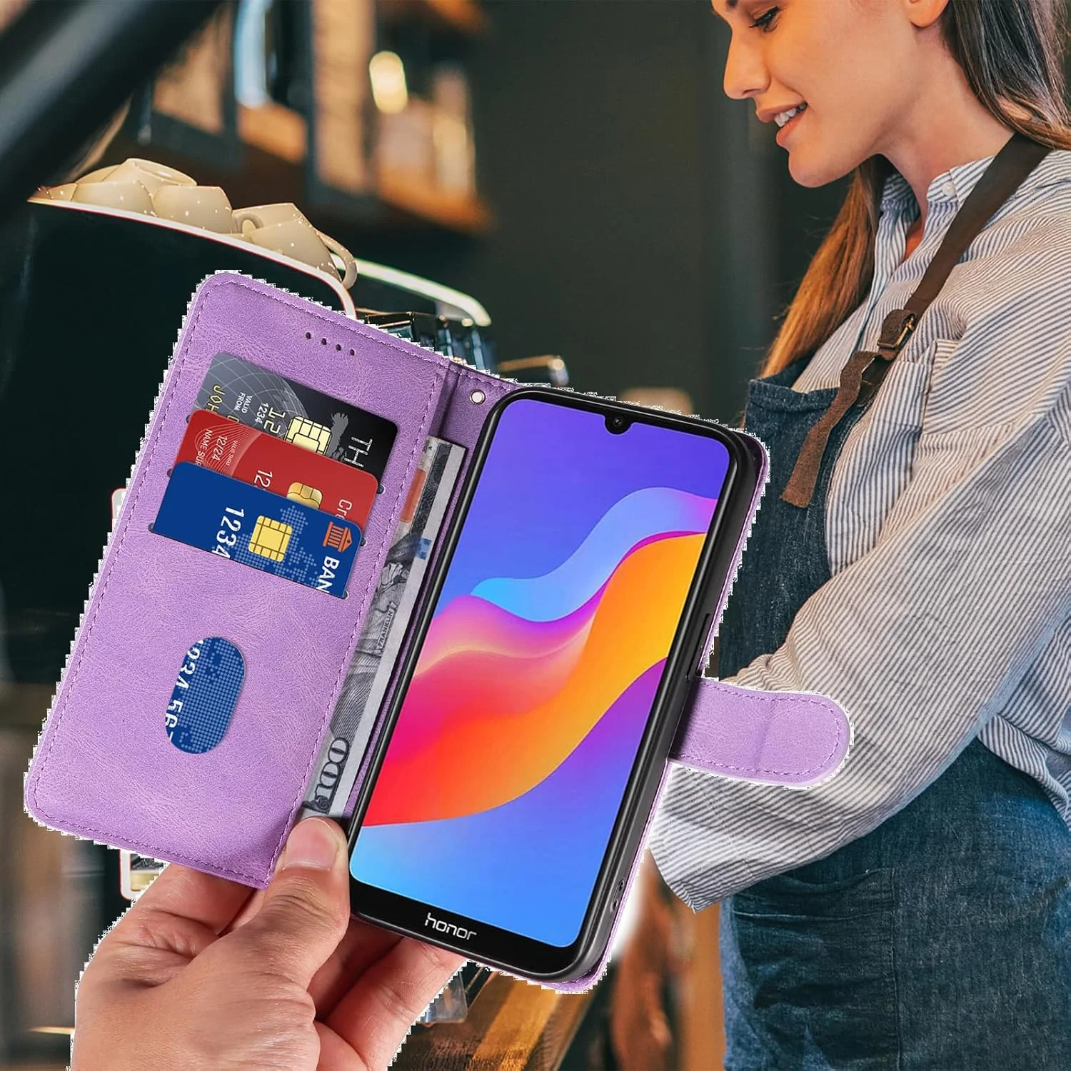 کیف پول تاشو برای گوشی آنر 8A 2020/هوآوی Y6 (2019)، کیف کتابی [دارای 3 جای کارت + 1 کیف پول] با روکش تاشو مغناطیسی چرمی PU، قاب گوشی برای آنر 8A 2020/هوآوی Y6 (2019)، بنفش