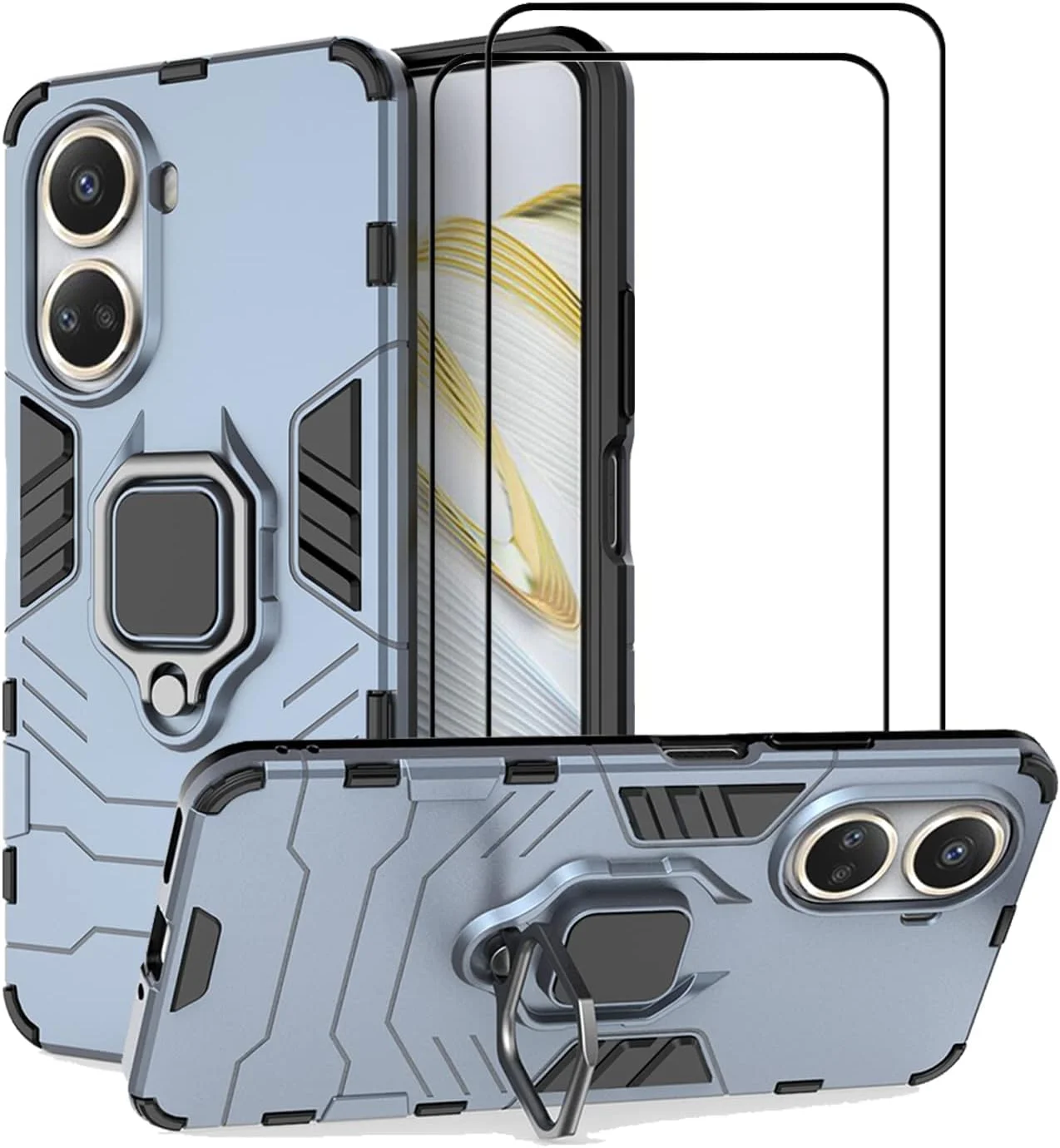 [1+2] کاور گوشی هوآوی نوا 10 SE، کاور پایه دار به همراه محافظ صفحه نمایش شیشه ای حرارت دیده (2 عدد)، کاور محافظ دو لایه ضد خش و مقاوم (هوآوی نوا 10 SE، آبی ارتشی)