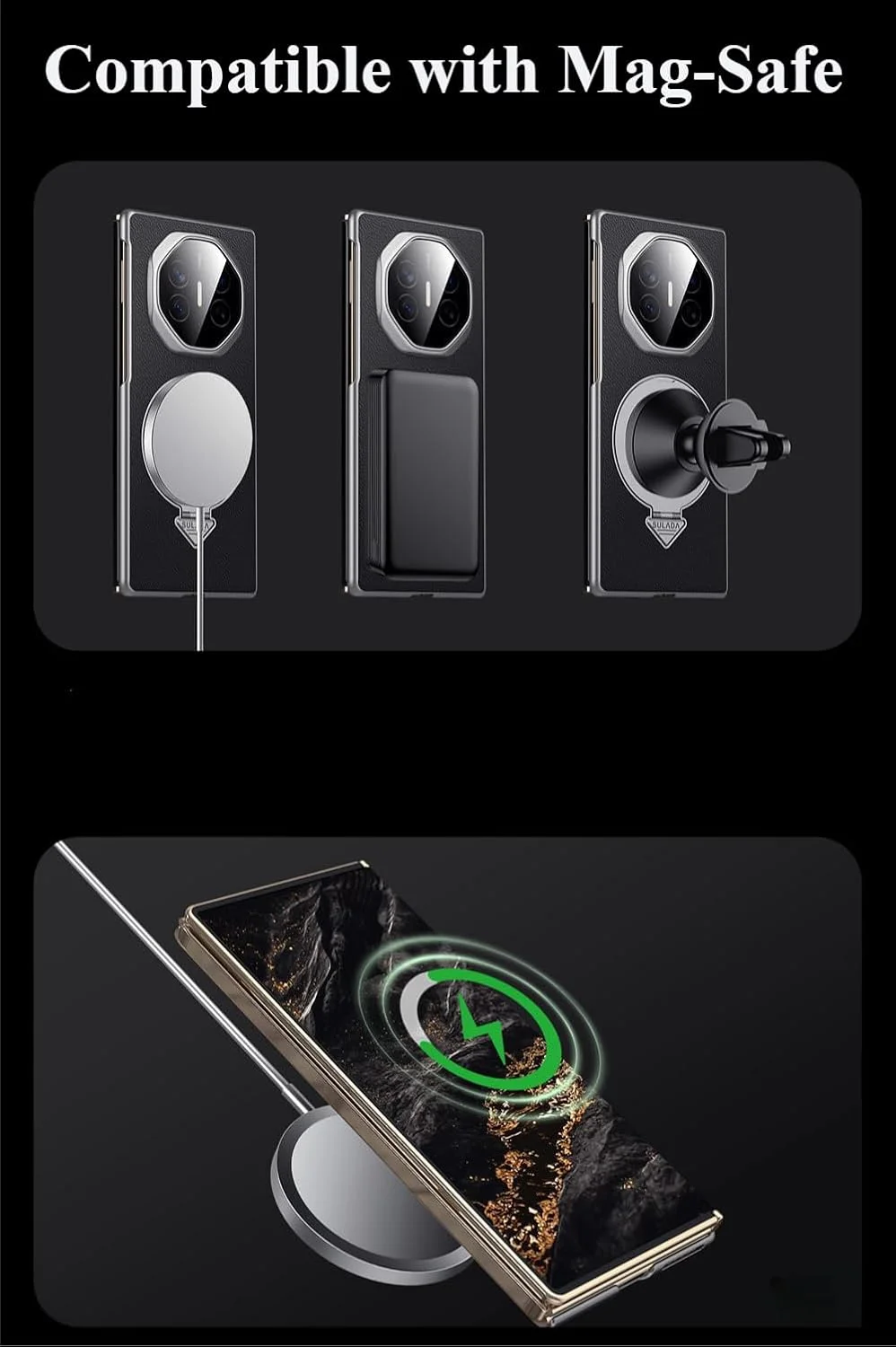 کاور چرمی Gruattreay سازگار با Huawei Mate XT/Mate XT Ultimate (2024)، دارای پایه چرخان چند زاویه ای، کاور گوشی چرمی ضد اثر انگشت (مشکی)