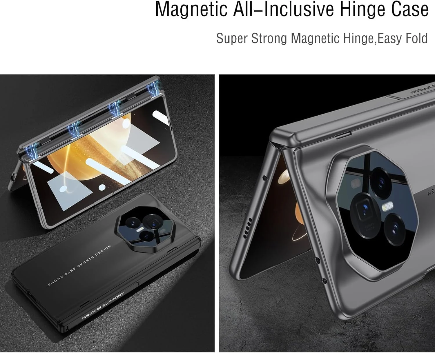 قاب محافظ لولایی گوشی هواوی آنر مجیک وی 3 به همراه محافظ صفحه نمایش و محافظ لنز دوربین، قاب محافظ تمام بدنه PC مقاوم با استند تاشو مناسب گوشی آنر مجیک وی 3 مدل 2024 (مشکی کربنی)