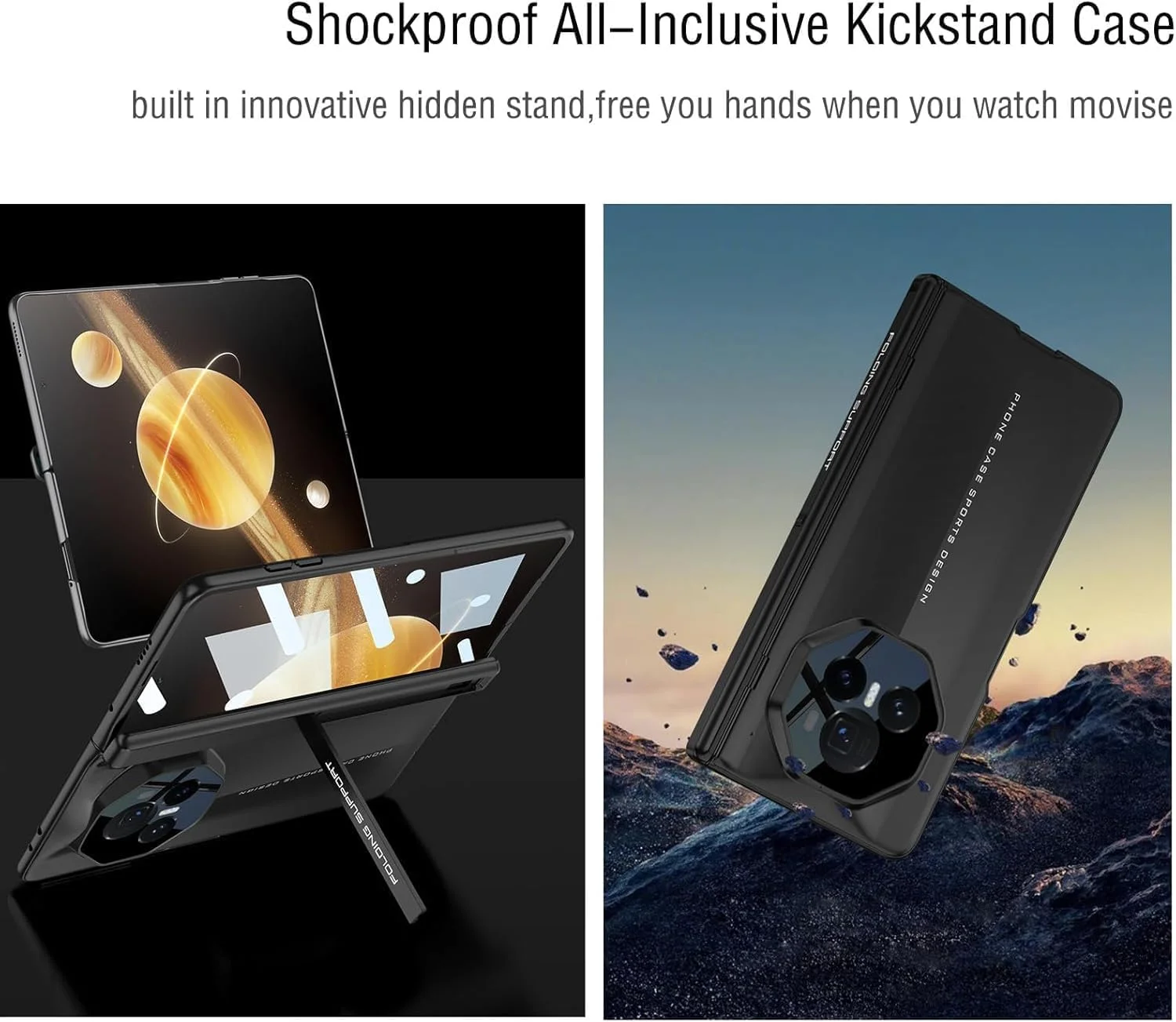 قاب محافظ لولایی گوشی هواوی آنر مجیک وی 3 به همراه محافظ صفحه نمایش و محافظ لنز دوربین، قاب محافظ تمام بدنه PC مقاوم با استند تاشو مناسب گوشی آنر مجیک وی 3 مدل 2024 (مشکی کربنی)