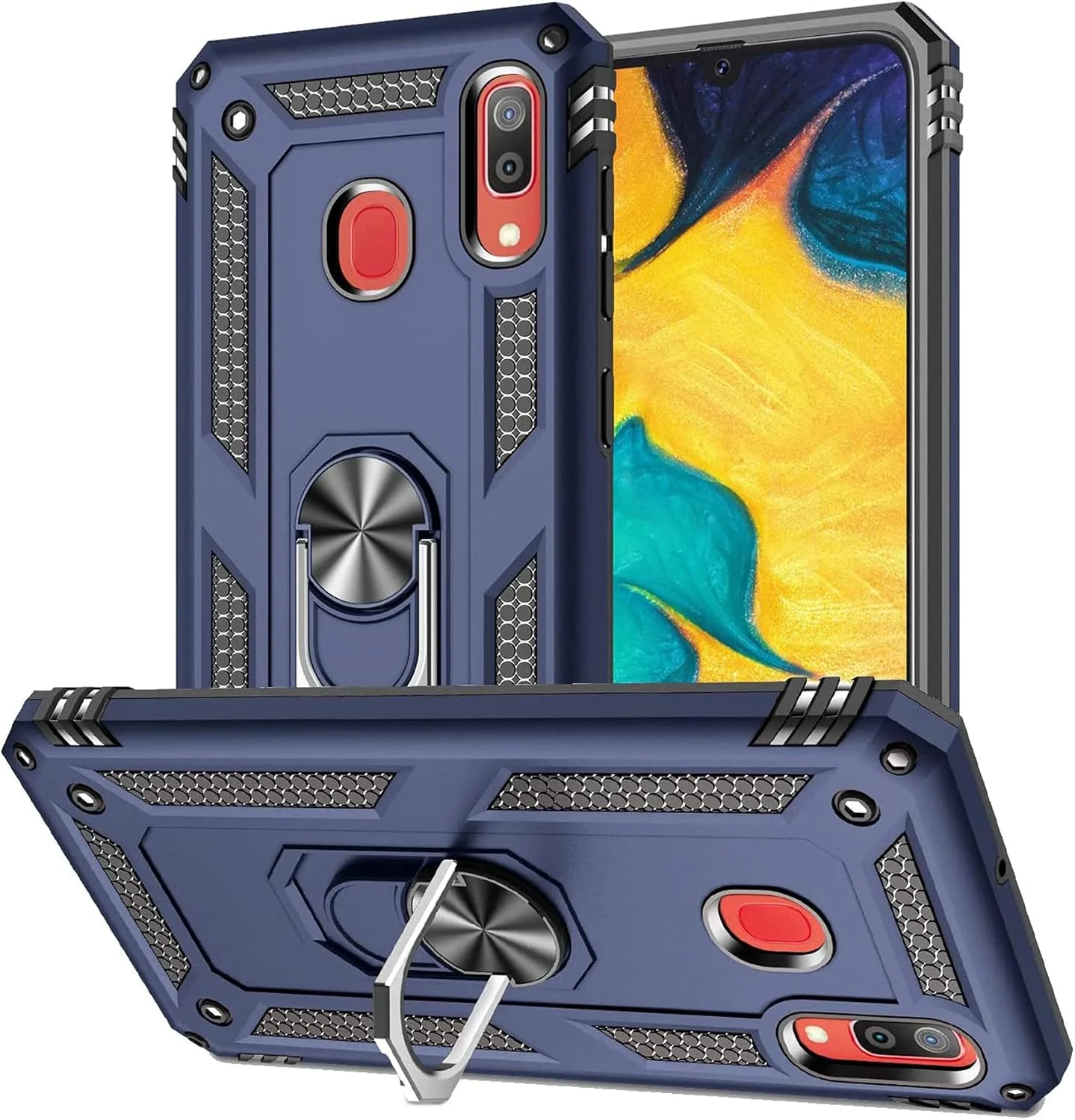 کاور محافظ گوشی هواوی Y9 2019 / Enjoy 9 Plus به همراه محافظ صفحه نمایش شیشه ای، دارای حلقه نگهدارنده، سیلیکونی ضد ضربه، زره سخت و مقاوم، آبی